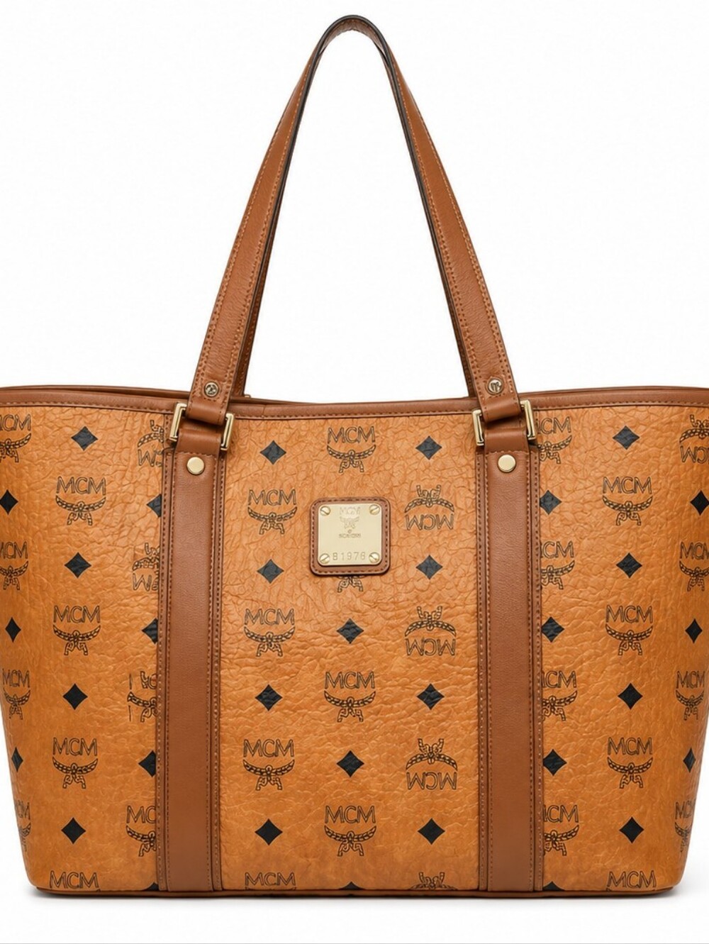 MCM Cognac Brown Monogram Tote with Black Accents